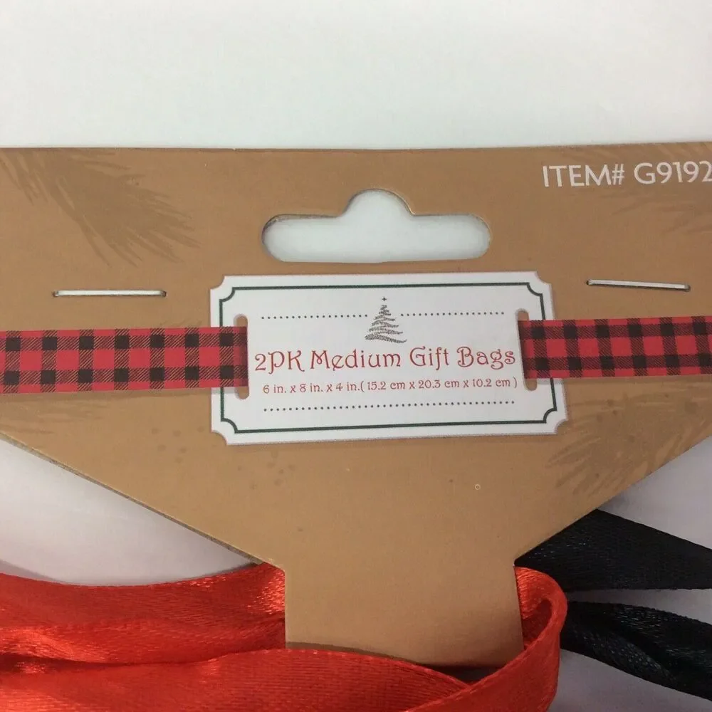 Christmas Gift Bags 7 Piece Set Red/Black Buffalo Check 3 Sizes Ribbon Handles
